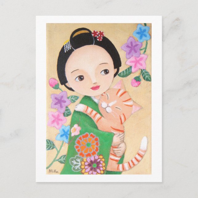 Japanese Geisha & Cat Post Card (Front)