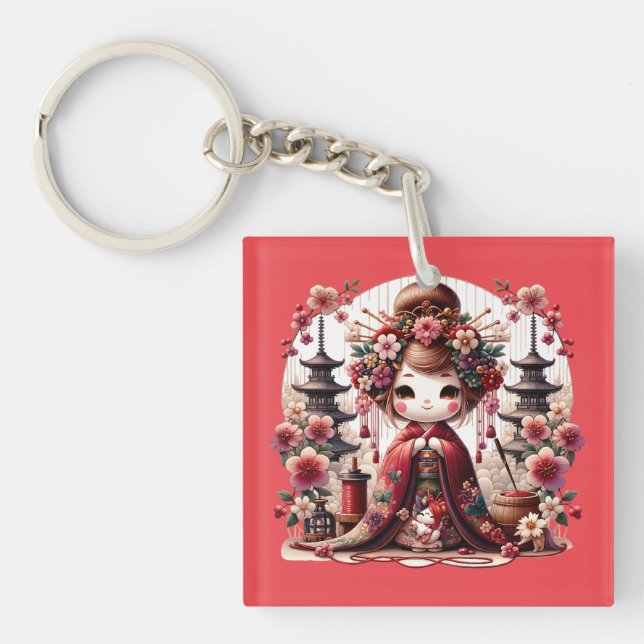 Japanese Geisha Cute Scene Key Ring (Front)