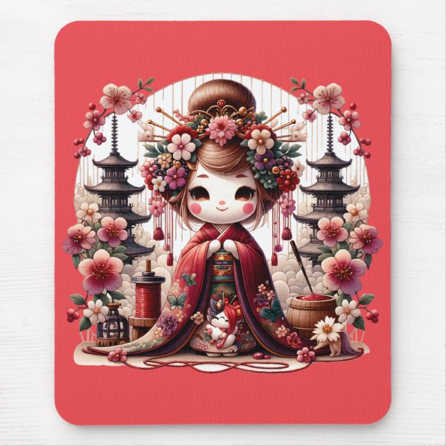 Japanese Geisha Cute Scene Mouse Mat (Front)