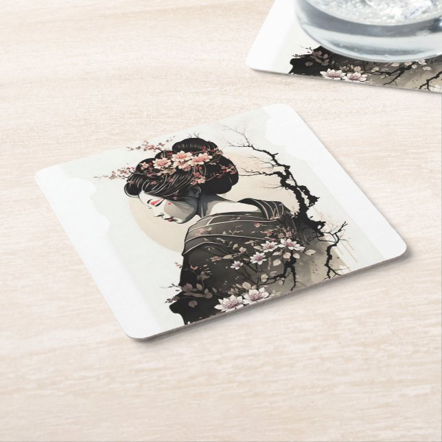 Japanese Geisha Floral Design Sakura Pink -  Square Paper Coaster (Angled)