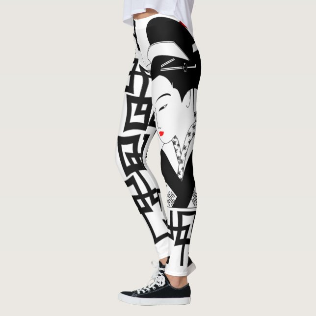 japanese geisha girl black white graphic leggings (Left)