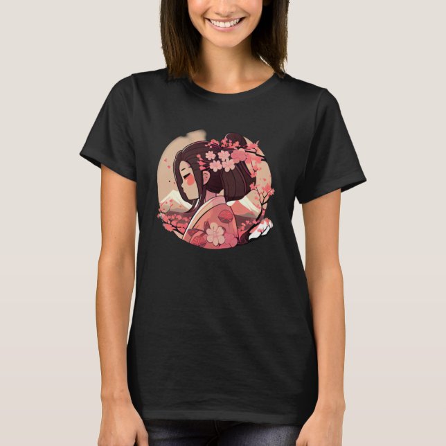 Japanese Geisha girl cherry blossom flowers snow m T-Shirt (Front)