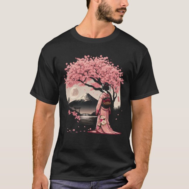 Japanese Geisha Girl Kimono Fuji Mount Cherry T-Shirt (Front)