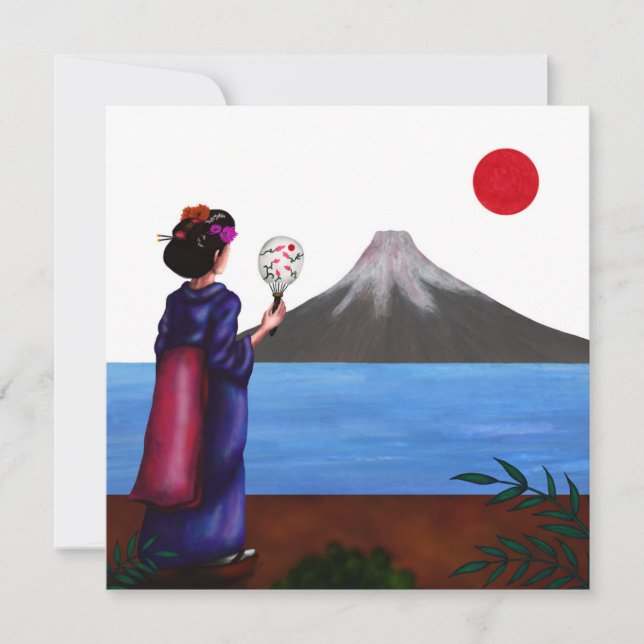 Japanese Geisha Girl, the sun and Fuji Mountain Holiday Card (Front)