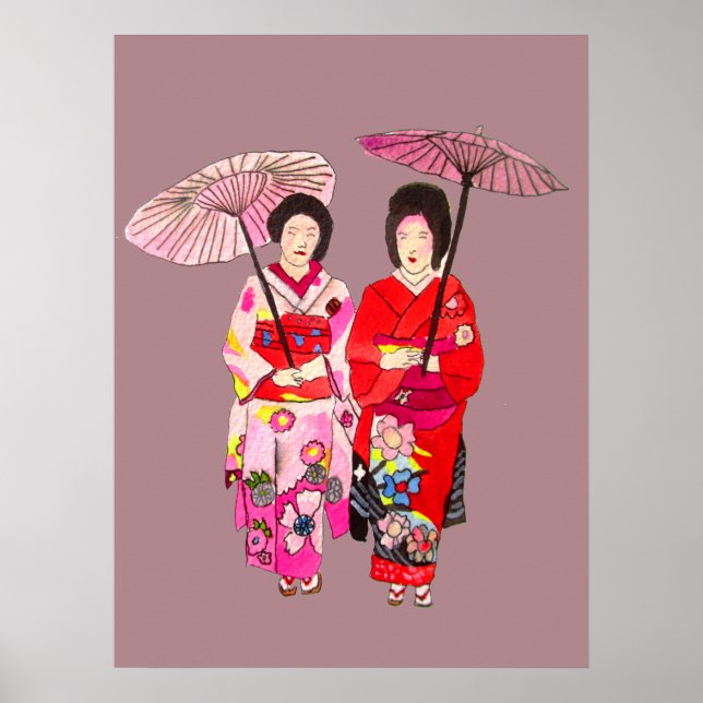Japanese Geisha girls with umbrella original art Poster (Front)