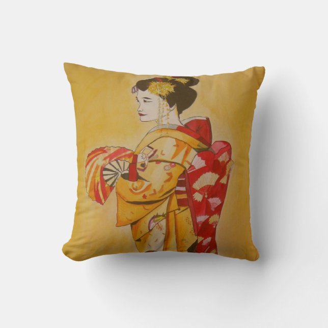 Japanese Geisha golden yellow background Cushion (Front)