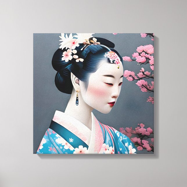 Japanese Geisha In A Cherry Blossom Garden Canvas Print (Front)