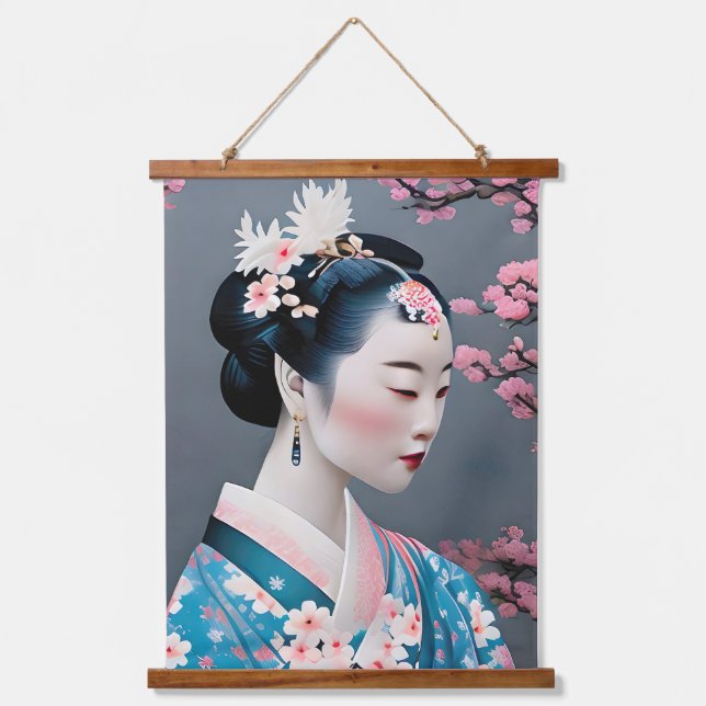 Japanese Geisha In A Cherry Blossom Garden Hanging Tapestry (Front)