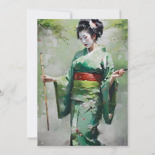 Japanese Geisha in Green B Portrait Holiday Card
