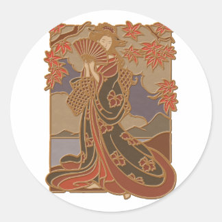 Japanese Geisha in Kimono Asian Bamboo Art Classic Round Sticker