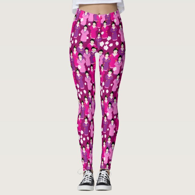 Japanese Geisha in Kimonos Pink Pattern Leggings (Front)