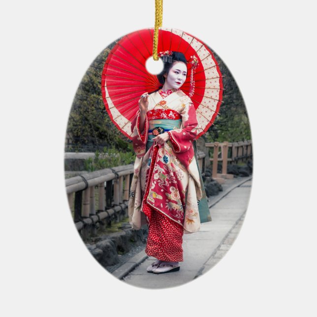 Japanese Geisha in Kyoto Ceramic Tree Decoration (Front)