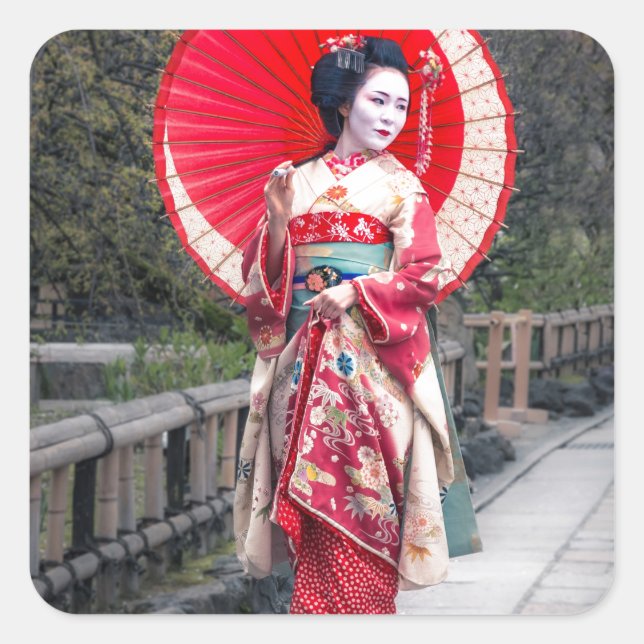 Japanese Geisha in Kyoto Square Sticker (Front)
