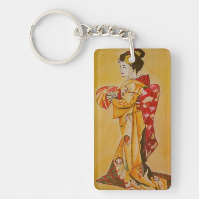 Japanese Geisha in red and gold kimono Key Ring (Front)