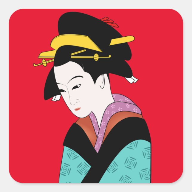 Japanese Geisha kimono cute art Square Sticker (Front)