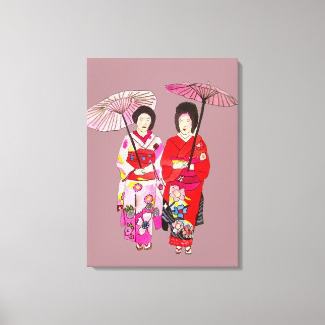 Japanese Geisha ladies pink kimono original art Canvas Print (Front)