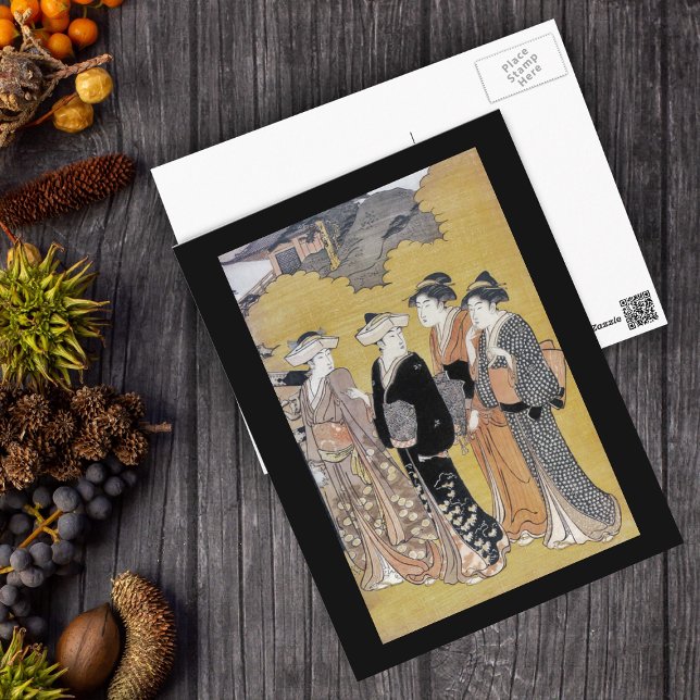 Japanese Geisha Ladies Postcard (Group vintage Japanese Geisha women traditional clothing on tan with black border postcard.)