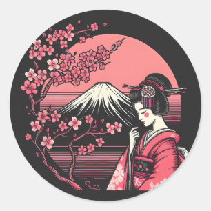Japanese Geisha Mount Fuji Cherry Blossom Trees Classic Round Sticker