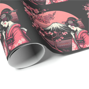 Japanese Geisha Mount Fuji Cherry Blossom Trees Wrapping Paper