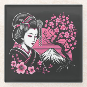 Japanese Geisha Mount Fuji Japanese Cherry Blossom Glass Coaster