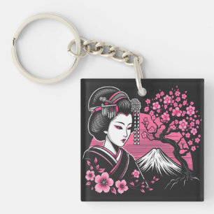Japanese Geisha Mount Fuji Japanese Cherry Blossom Key Ring