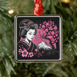 Japanese Geisha Mount Fuji Japanese Cherry Blossom Metal Tree Decoration
