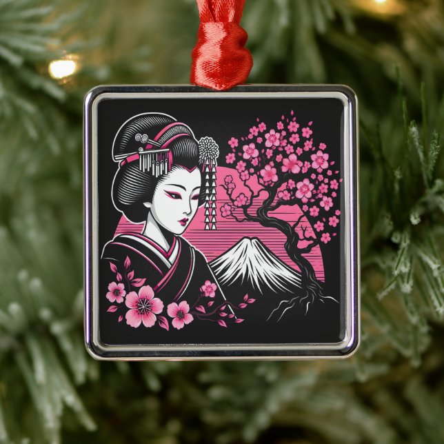 Japanese Geisha Mount Fuji Japanese Cherry Blossom Metal Tree Decoration (Tree)