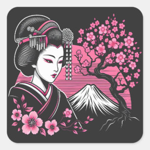 Japanese Geisha Mount Fuji Japanese Cherry Blossom Square Sticker
