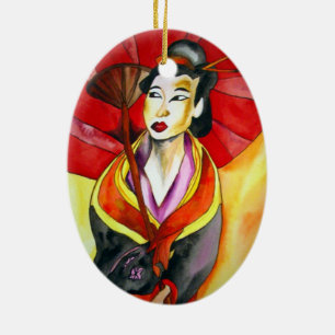 Japanese Geisha original art watercolor painting Ceramic Tree Decoration