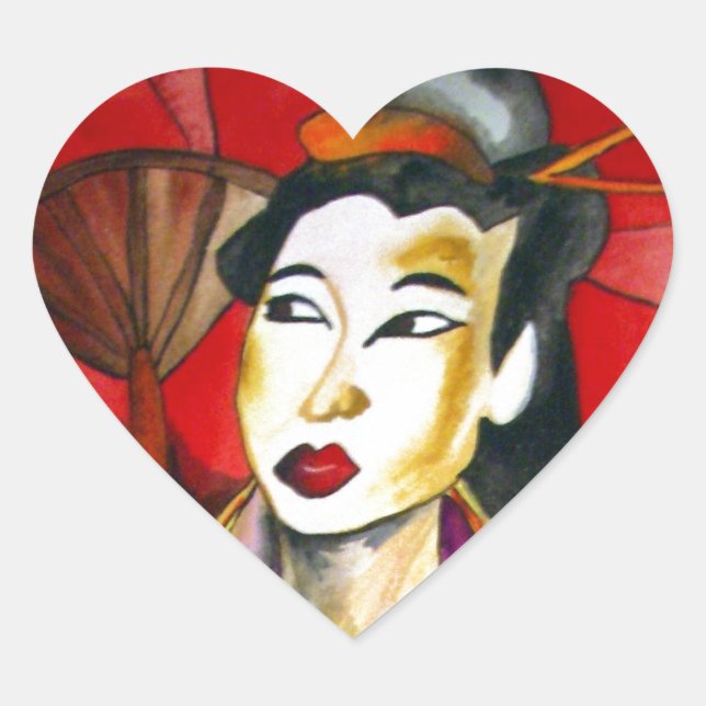 Japanese Geisha original art watercolor painting Heart Sticker (Front)