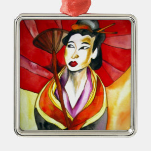 Japanese Geisha original art watercolor painting Metal Tree Decoration
