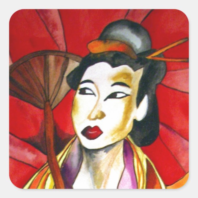 Japanese Geisha original art watercolor painting Square Sticker (Front)