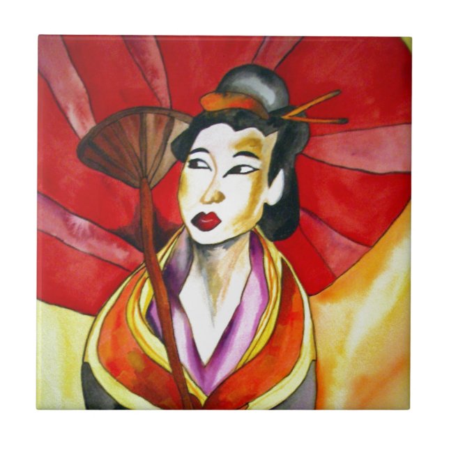 Japanese Geisha original art watercolor painting Tile (Front)