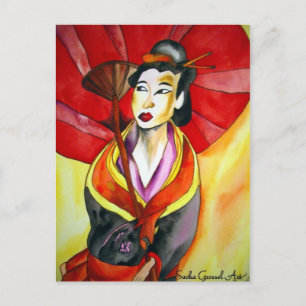 Japanese Geisha original watercolor art painting Postcard