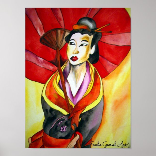 Japanese Geisha original watercolor art painting Poster (Front)