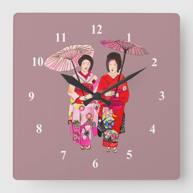 Japanese Geisha pink kimono cute art Square Wall Clock (Front)