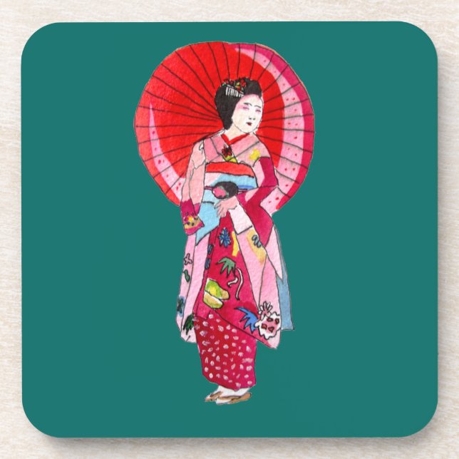 Japanese Geisha red kimono cute art Coaster (Front)