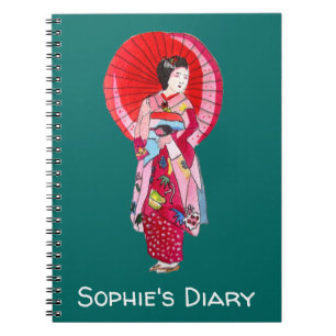 Japanese Geisha red kimono cute art diary Notebook