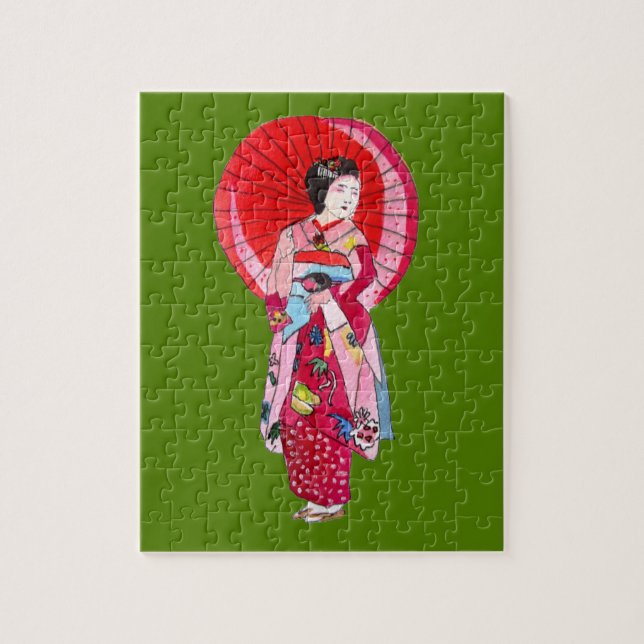 Japanese Geisha red kimono cute art Jigsaw Puzzle (Vertical)
