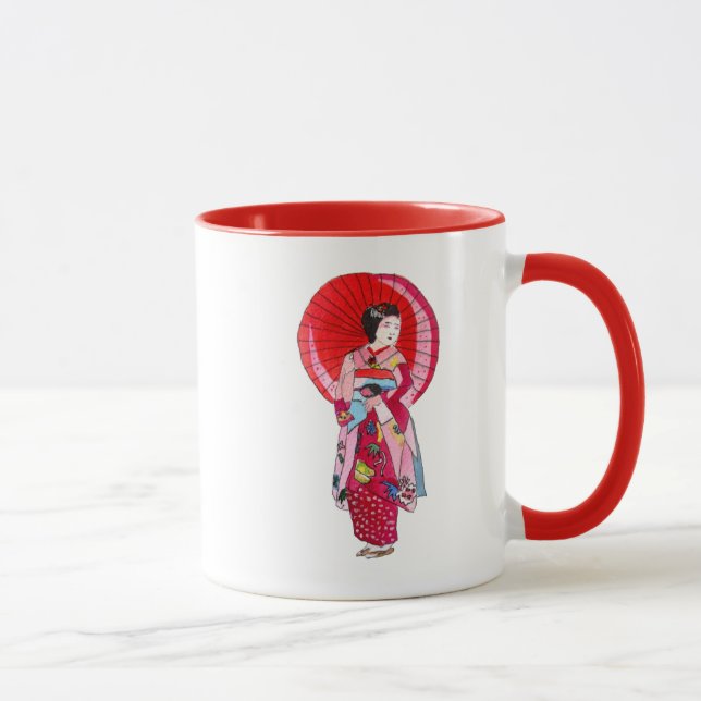 Japanese Geisha red kimono cute art Mug (Right)