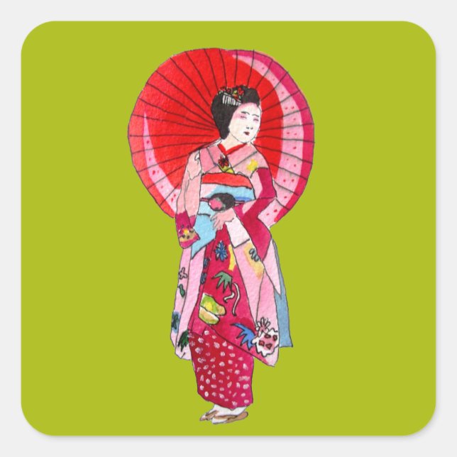Japanese Geisha red kimono cute art Square Sticker (Front)