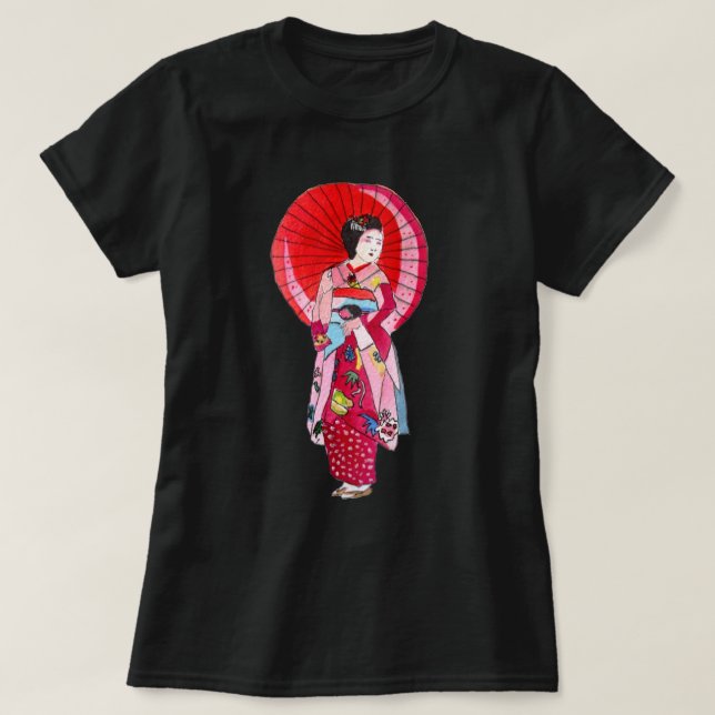 Japanese Geisha red kimono cute art T-Shirt (Design Front)