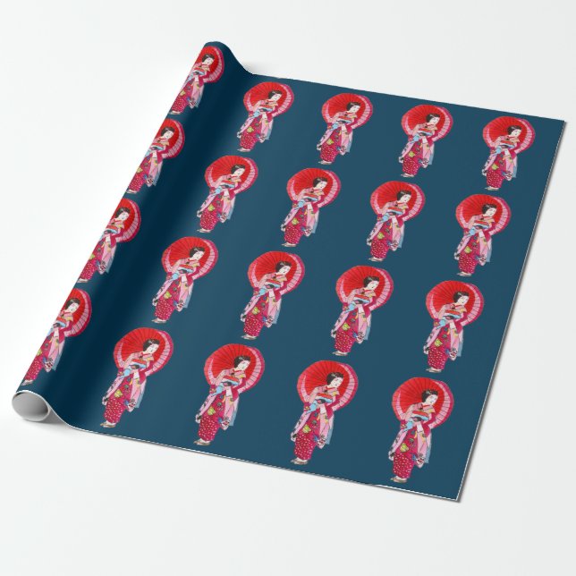 Japanese Geisha red kimono cute art Wrapping Paper (Unrolled)