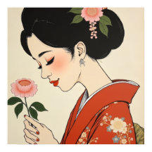Japanese Geisha Red Kimono Ukiyo-e Style