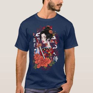 Japanese Geisha Samurai Sword Kanji Writing Kimono T-Shirt