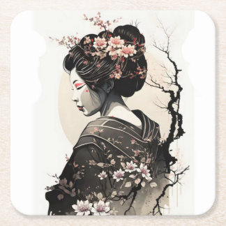 Japanese Geisha - Square Paper Coaster