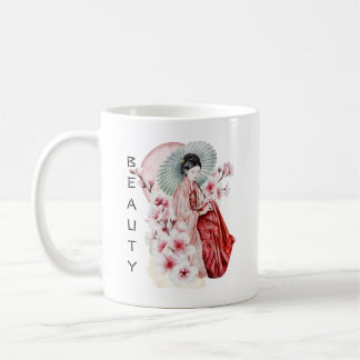 Japanese Geisha Watercolor with Kimono and Sakura Coffee Mug