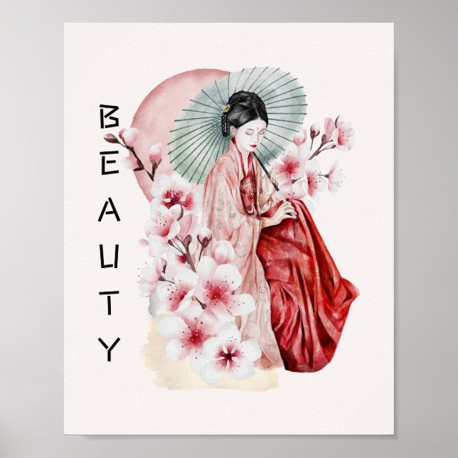 Japanese Geisha Watercolor with Kimono and Sakura Poster (Front)