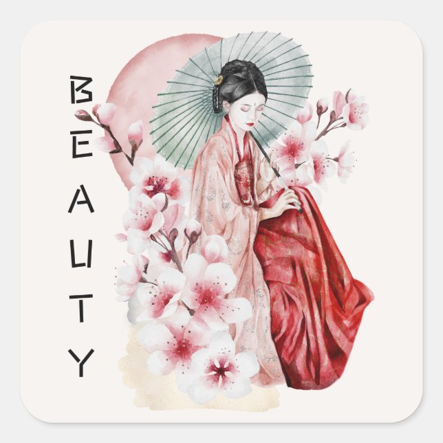 Japanese Geisha Watercolor with Kimono and Sakura Square Sticker (Front)