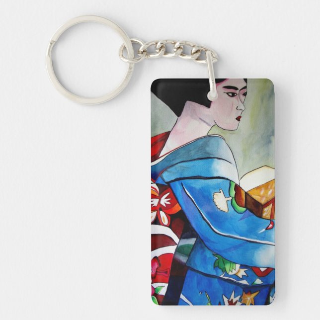 Japanese Geisha with blue kimono art Key Ring (Front)